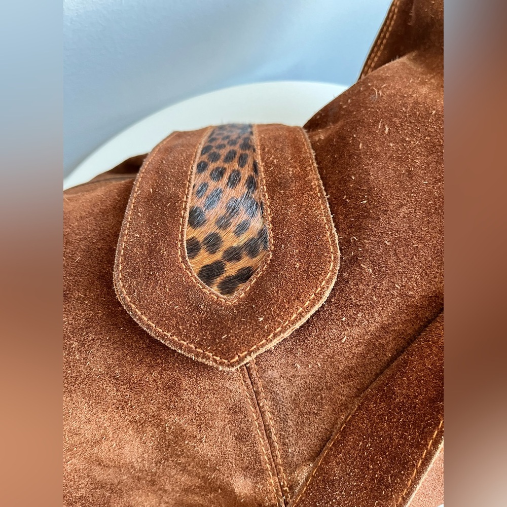 Italian Brown Suede Boho Crossbody Bag with Leopard Fur Accent - Picture 12 of 16